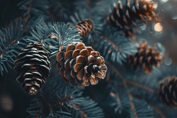 Pine cones hanging on an evergreen branch with blurred background, creating a winter atmosphere