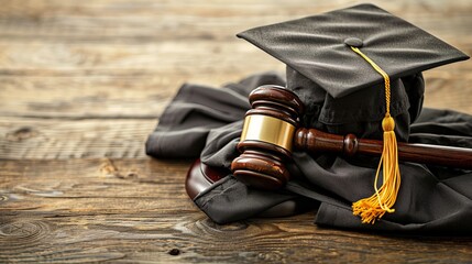 Elegant composition of judge s gavel on graduation gown and cap, perfect for law school promotions