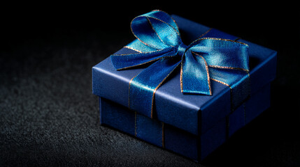 Elegant dark blue gift box with satin ribbon and gold edges on a black textured surface