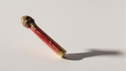 Single stalk of rhubarb with shadow on a white background.