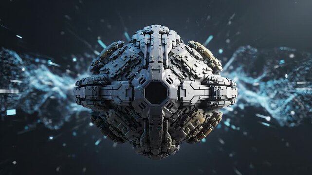 Futuristic alien technology core or advanced quantum data processing unit emitting vibrant energy waves and digital particles in a dark cosmic environment representing artificial intelligence and com.