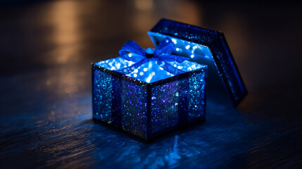 Glowing open gift box with bright blue fairy lights inside on a dark wooden background