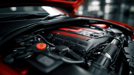 Fototapeta premium Powerful car engine bay with red performance accents