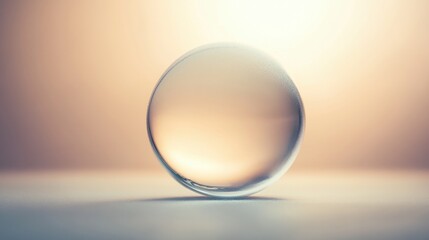 A translucent abstract sphere made of overlapping colored elements rests on a flat surface under soft lighting