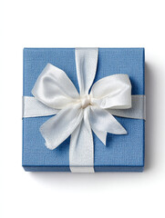 Square blue gift box with white satin ribbon bow isolated on white background, top view