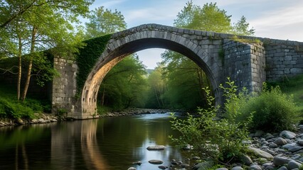 Fototapeta premium an ancient stone bridge arches gracefully over a tranquil stream framed by lush green foliage and a serene landscape high quality