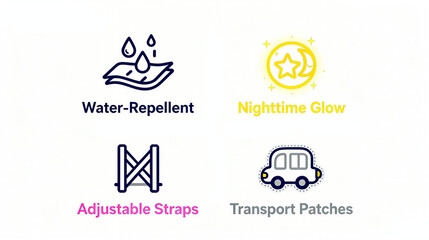 Elements such as water repellency and nighttime luminescence, representing adjustable shoulder straps and portable patches, are suitable for promotional materials of daily necessities.
