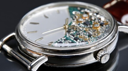 Detail of changing a small button battery in a sleek digital wristwatch highlighting the electronic display and compact internal components.