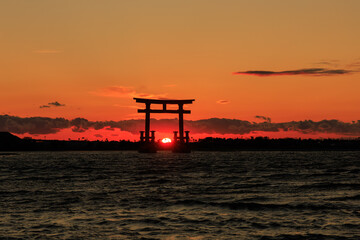 Torii gate silhouette at sunset on New Year's Day, Bentenjima, Hamamatsu, Shizuoka, Japan
