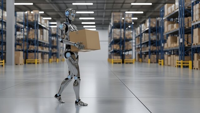 Automated warehouse solution robot delivering packages across modern distribution center - Powered by Adobe