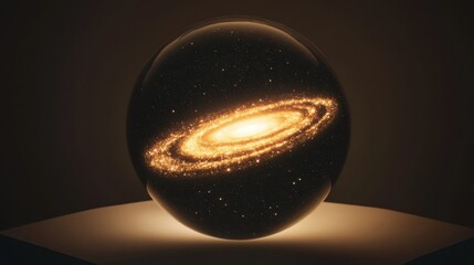 A transparent sphere containing a miniature swirling golden galaxy with bright stars illuminated against a dark background