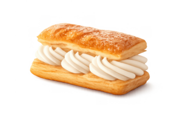 Cream slice pastry filled with whipped cream and powdered sugar, a delightful sweet dessert item on transparent background