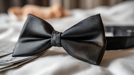 Elegant black silk bow tie for formal wear lying on white fabric, close up shot