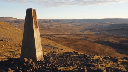 A tall concrete structure with a vent stands on a rocky hillside overlooking a vast arid landscape with distant buildings under a blue sky with clouds