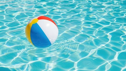 Vibrant inflatable beach ball floats serenely in clear blue pool waters, creating a tranquil, playful summer scene with sunlit ripples