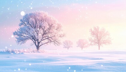 Icy winter landscape with snow-covered trees and a pastel sunrise, snowflakes falling