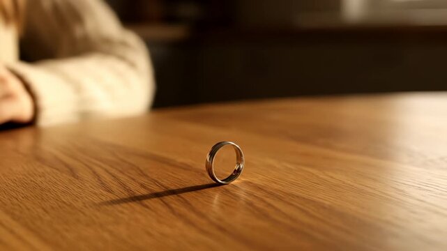 Woman removes wedding ring from finger on wooden table surface. Divorce decision shows through ring removal. Woman takes wedding ring off. Separation symbolized by ring on table. Divorce ending.