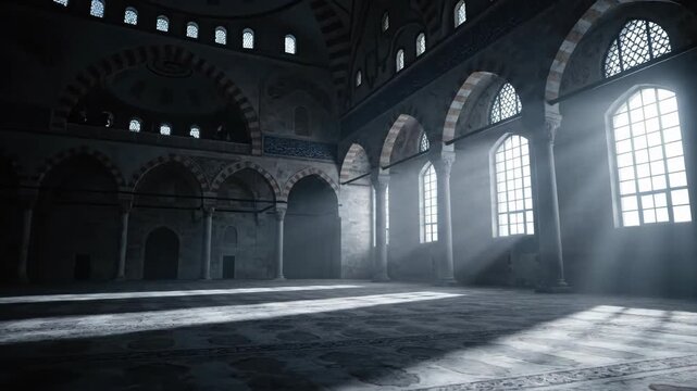 Majestic Sunbeams Illuminate the Grand Interior of a Historic and Sacred Mosque