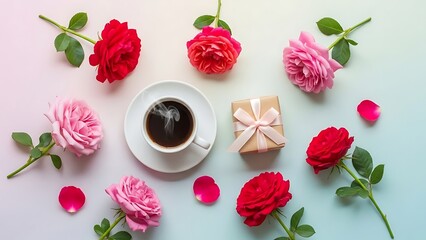A beautifully arranged coffee cup and gift for Mother's Day surrounded by roses