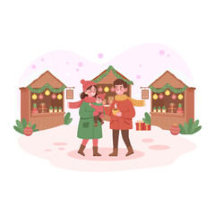 Warm Family Christmas Market Visit in Cozy Winter Scene