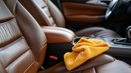 Close up of luxury brown leather car seat with auto clean accent and space for text
