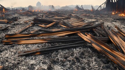 A vast landscape of splintered and fire scorched wooden planks lies in ruins covered in ash and debris following a devastating fire