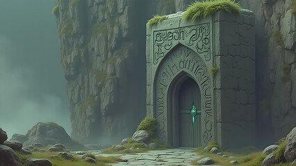 Ancient Stone Doorway in Mountain Landscape