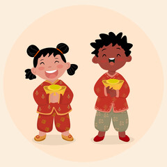 Cute vector illustration of two happy children wearing traditional outfits and holding red envelopes during Lunar New Year celebration. Ideal for holiday design, family culture, Asian festival, greeti