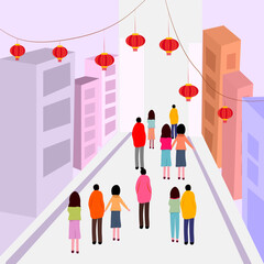 Modern vector illustration of people walking through a city street decorated with lanterns during Lunar New Year. Represents urban celebration, cultural atmosphere, and festive lifestyle for holiday 
