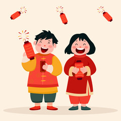 Playful vector illustration of children enjoying firecrackers and festive activities during Lunar New Year. Represents joy, celebration, and cultural tradition, perfect for holiday promotions, event d