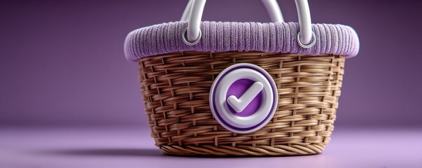 Wicker shopping basket with purple checkmark emblem signaling trusted purchase and successful shopping experience