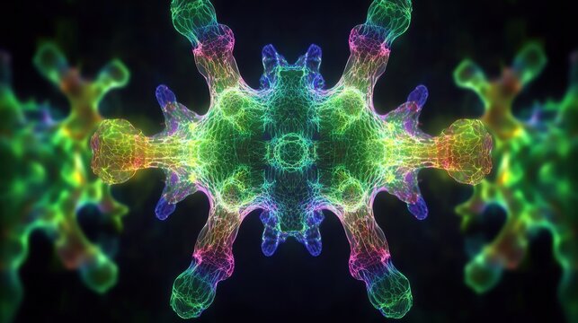 A vibrant abstract digital artwork depicting a rapidly mutating virus with intricate cellular structures and a symmetrical organic form in glowing rainbow colors against a dark background - Powered by Adobe