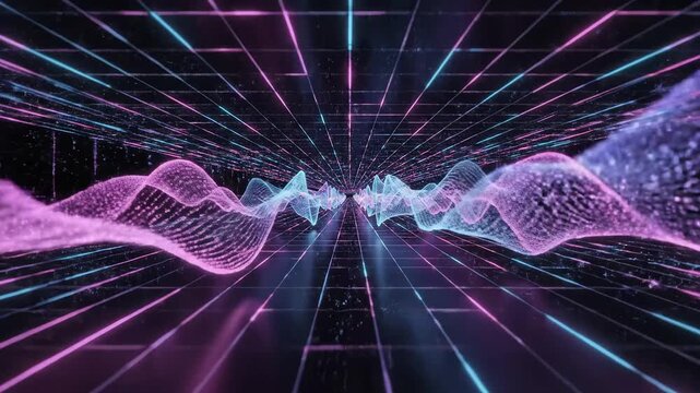 Futuristic neon grid with wave patterns