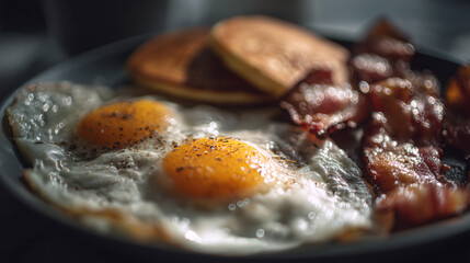 Traditional breakfast of sunny side up eggs, crispy bacon and pancakes on a plate