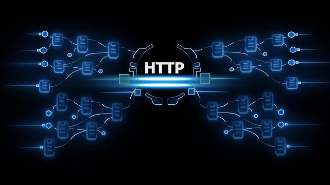 H T P protocol concept with interconnected nodes and glowing blue lines on dark background representing data transfer and network communication