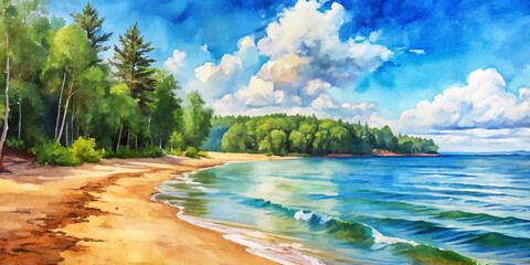 Tropical Sandy Beach and Blue Ocean Watercolor Painting