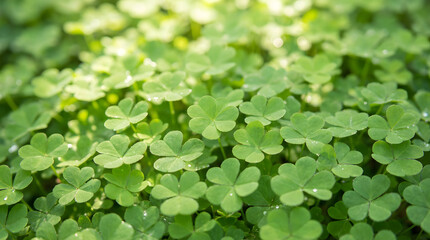 Happy st patricks day shows many green plants with rounded leaves filling the frame and bright light illuminating the top portion