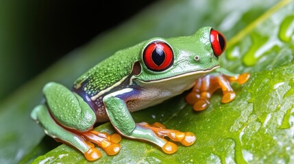 Naklejka premium A vibrant green red eyed tree frog clings to a large leaf displaying its striking features in sharp focus
