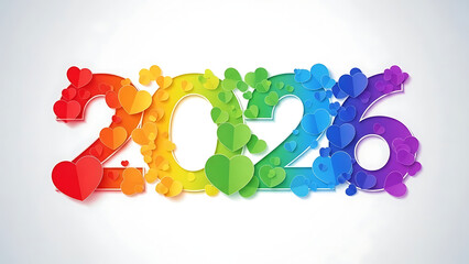 Rainbow colorful 2026 text with hearts, festive and celebratory design
