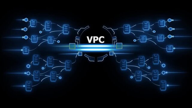 Virtual Private Cloud Network Architecture V P C Connectivity Concept with Glowing Blue Lines and on Dark Background