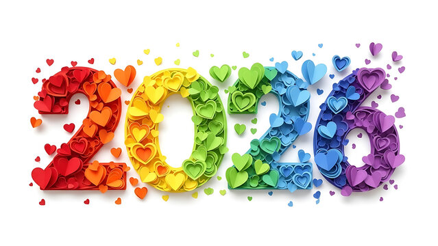 2026 colorful hearts rainbow numbers, vibrant celebration background