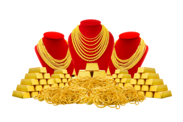 Gold necklace hung on a red stand, alongside gold bars, a pile of gold chains isolated on white background.