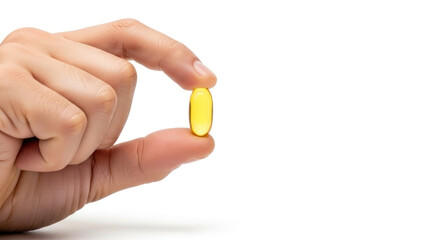 Person holding a yellow capsule pill between thumb and index finger.