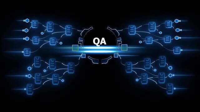 Q A concept with glowing blue flowchart and interconnected documents on dark background for control and assurance in business and technology