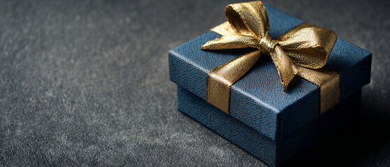 Dark Blue Textured Gift Box with a Golden Satin Ribbon and Bow on Dark Grey Slate Background