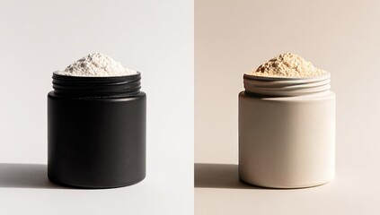 Two jars filled with powder, one is black with white powder, one is beige