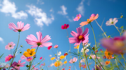 Vibrant cosmos flowers swaying in the breeze against a clear blue sky