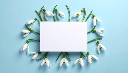 A blank white rectangle centered, encircled by fresh snowdrop flowers on a light blue surface
