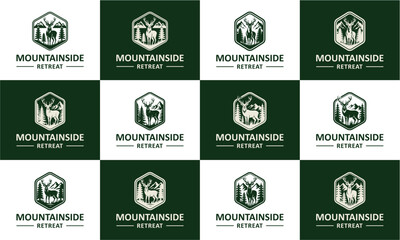 Grid of twelve 'Mountainside Retreat' logos featuring hexagonal designs with deer and mountain silhouettes on alternating white and dark green backgrounds.