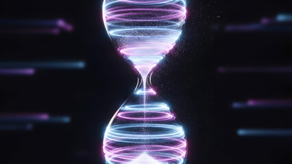 Holographic hourglass concept with swirling purple and blue light